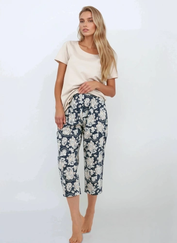 Navy Charm Piżama damska Momenti Per Me – krótki rękaw i spodnie 7/8, bawełna