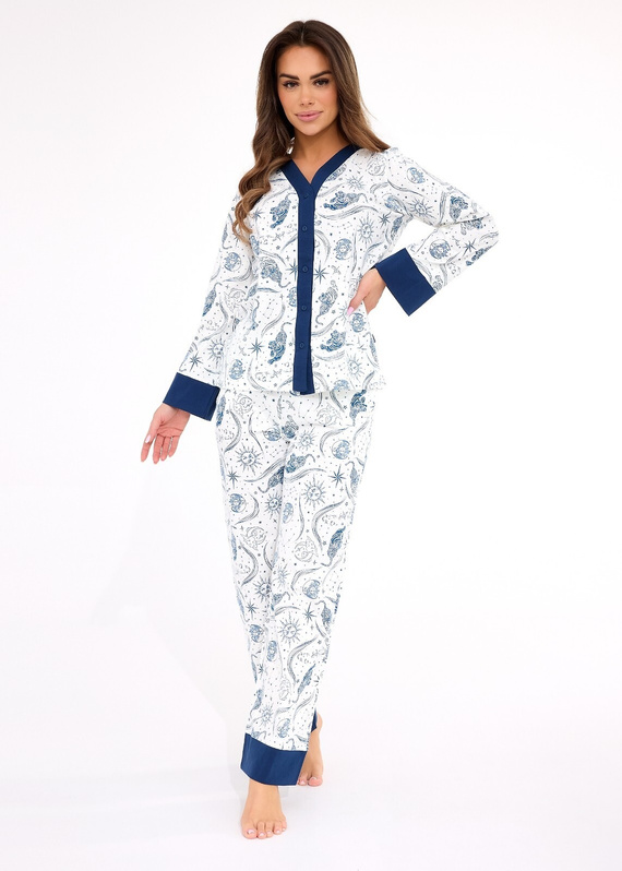 Piżama damska 514/443 Amber CORNETTE – bawełna, długi rękaw, zapinana na guziki