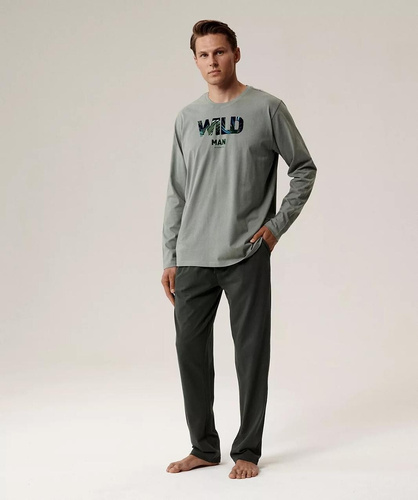 Piżama męska NMP-392 Atlantic –zielony/khaki bawełna, długi rękaw, stylowy komplet na chłodne noce