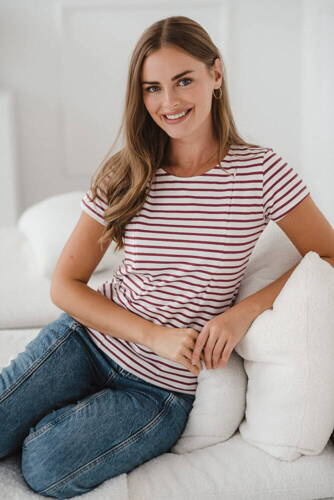 MamaFlow Bluzka do karmienia z krótkim rękawem Milk&Love- bordowe paski