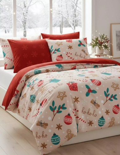 Scandic 082 Pościel świąteczna Scandic Faro beżowo-czerwona z pierniczkami– dwustronna bawełna 100%, zamek