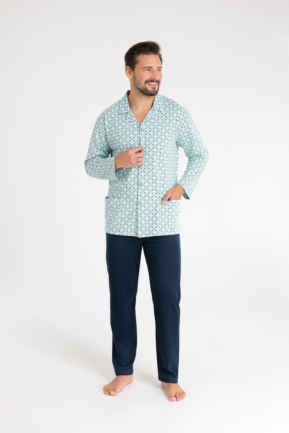 Piżama męska bawełniana Regina 486 zielony – długi rękaw, zapinana na guziki, klasyczny krój