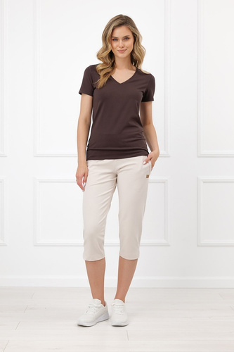 Spodnie Damskie Capri Credo Italian Fashion 95% Bawełna Kieszenie 3/4-beżowe