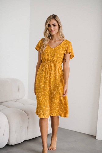 Lovely Dress Midi sukienka ciążowa i do karmienia krótki rękaw Milk&Love musztardowy w groszki