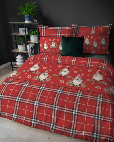5622 A Magia Świąt Pościel flanelowa świąteczna Detexpol czerwona w kratę ze skrzatami i śnieżynkami – bawełna 100%, 160 g/m², zamek, OEKO-TEX®
