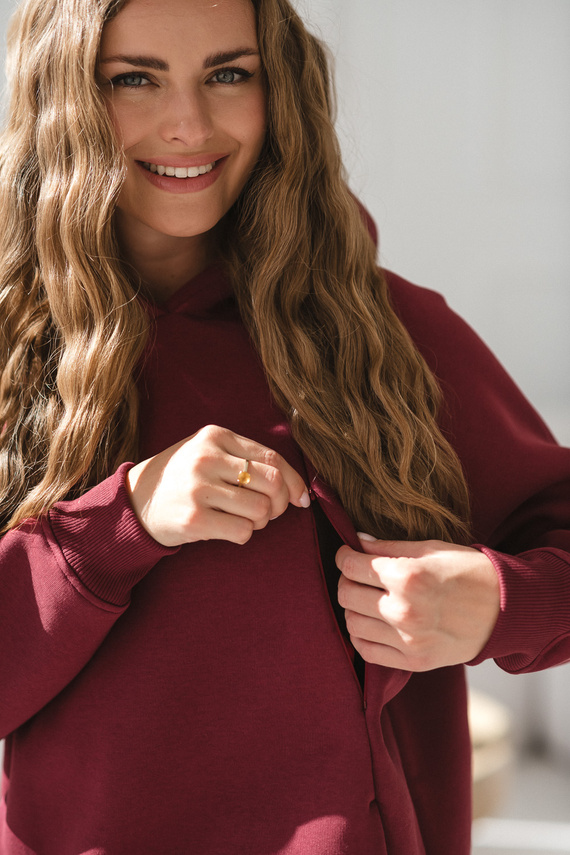 Motherhood Bluza ciążowa i do karmienia Milk&Love burgundowa– oversize, bawełna z meszkiem