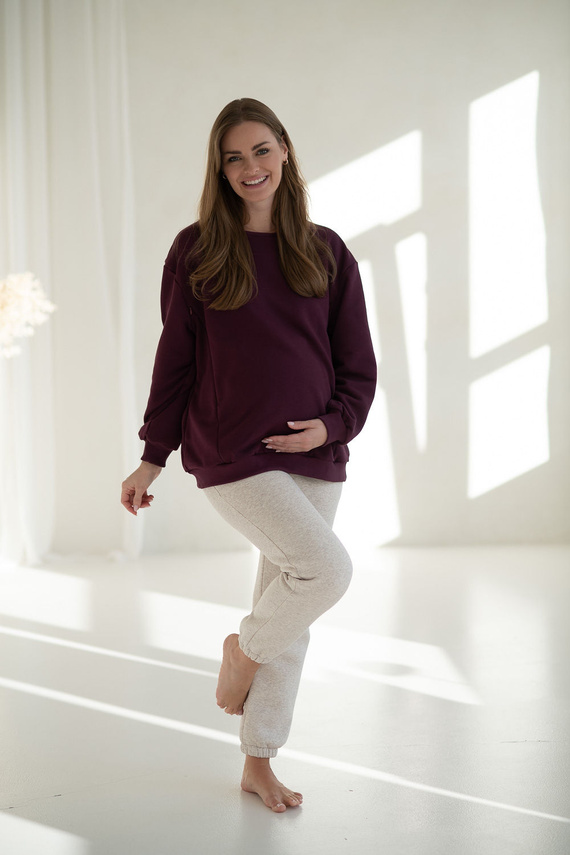 Milk It Easy! Bluza ciążowa i do karmienia Mauve Wine Milk&Love – oversize, kryte zamki, bawełniana dzianina Oeko-Tex