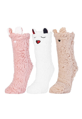 Skarpetki damskie Moraj CDC1600-001 biały różowy– puchate, z buźką i antypoślizgiem ABS