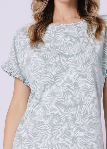 Koszula nocna damska 1728 Elif Leveza groszkowy – 100% bawełna, krótki rękaw z falbanką, print roślinny, długość przed kolano