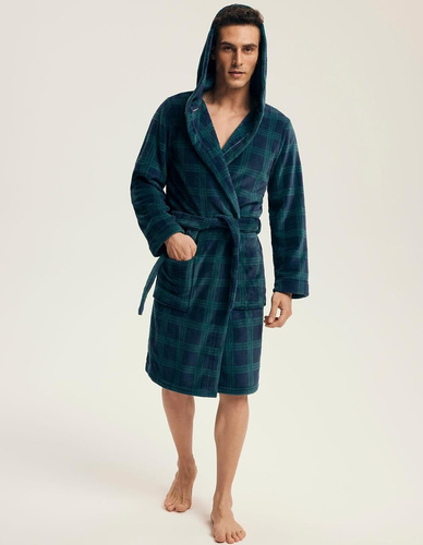 Szlafrok męski Henderson 43373 Nickel navy– kaptur, ciepła dzianina, komfort i elegancja