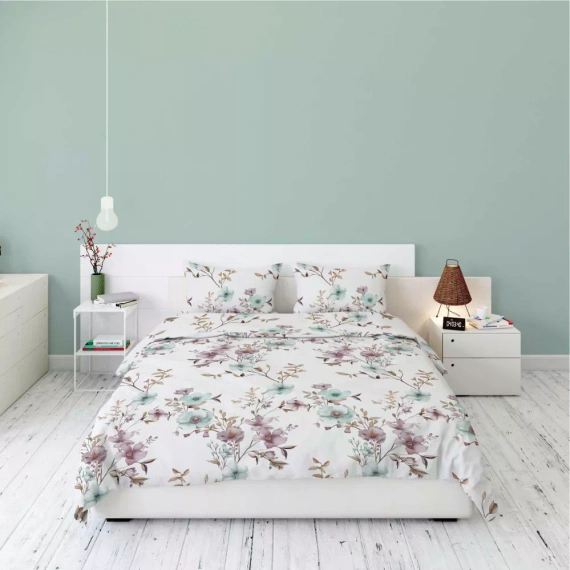 5635 B Pościel flanelowa Pastel Flowers Detexpol biała w kwiaty pudrowe i błękitne– ciepła, miękka i elegancka