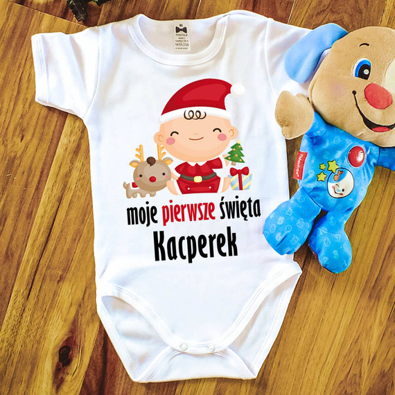 "Moje pierwsze Święta z imieniem" Body krótki rękaw Moocha biały