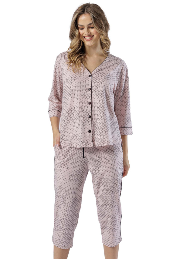 1559 Róża Piżama damska rozpinana Leveza - pudrowy róż/grafit