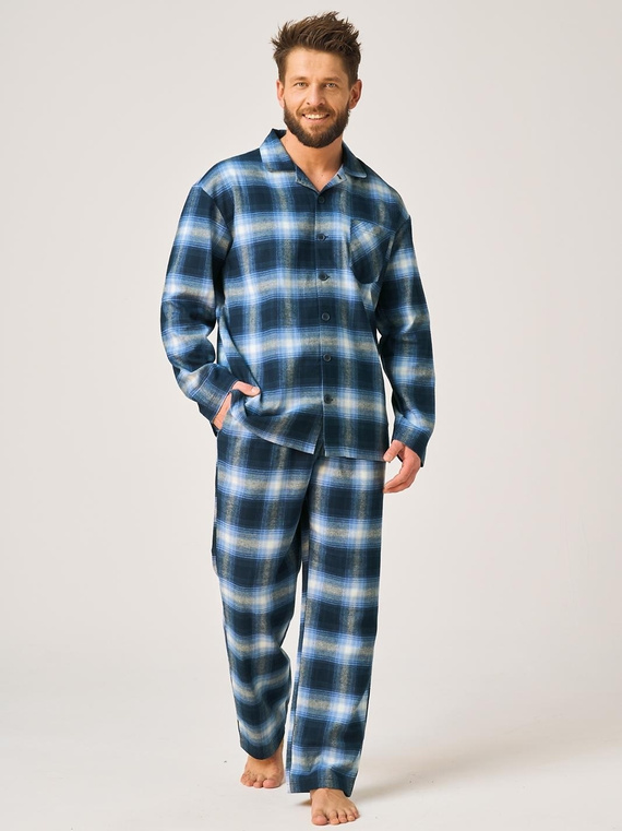 Piżama męska Key MNS 432 jeans flanelowa 100% bawełna długa na guziki