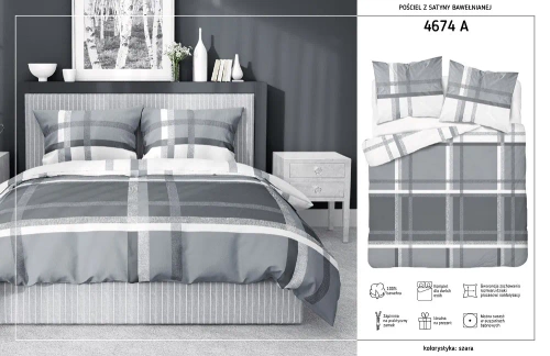 4674 A Home Satin Pościel satynowa krata Detexpol szary 