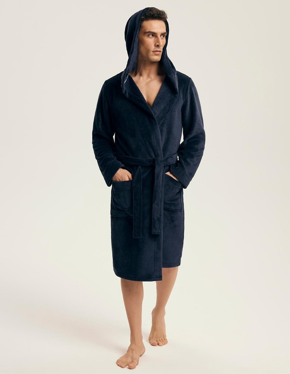 Szlafrok męski Henderson 43374 Naps navy– kaptur, ciepła dzianina, komfort i elegancja