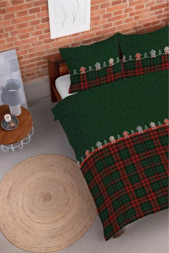 5619 B Magia Świąt Pościel flanelowa świąteczna Detexpol zielona w domki i kratę– bawełna 100%, 160 g/m², zamek, OEKO-TEX®