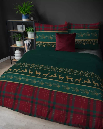 5620 A Magia Świąt Pościel flanelowa świąteczna Detexpol zielona z reniferami i kratą– bawełna 100%, 160 g/m², zamek, OEKO-TEX®