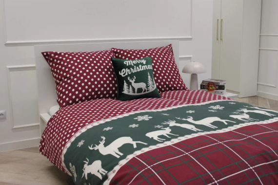 Xmass Pościel świąteczna bawełniana Spod Igły i Nitki – renifery kratka groszki czerwona zielona, komplet z zamkiem, 100% bawełna