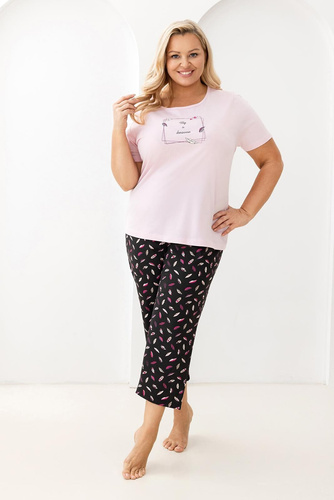 733 Piżama Regina różowa – bawełniana, z krótkim rękawem, półokrągły dekolt, nadruk z przodu