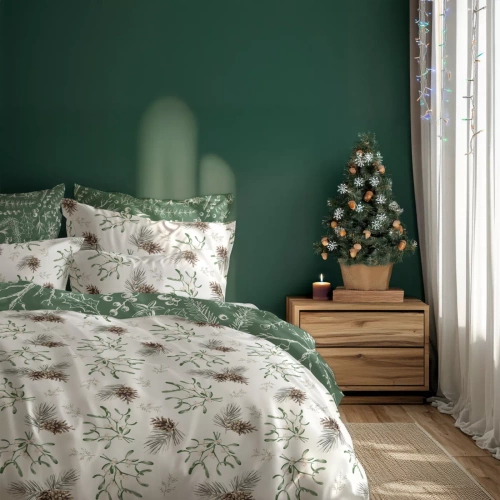 Scandic 083 Pościel świąteczna Scandic Faro biała i zielona z szyszkami- dwustronna bawełna 100%, zamek