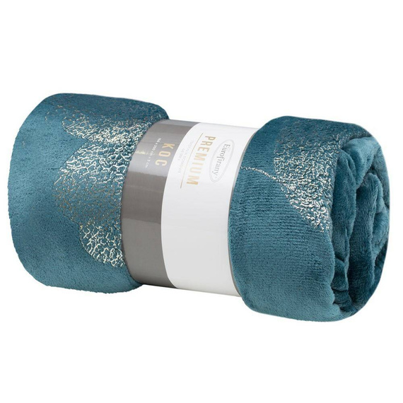 Ginko 2 Koc narzuta z mikrofibry z błyszczącym nadrukiem liści Eurofirany miodowy