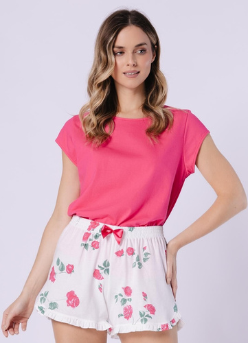 Piżama Damska 1724 Valencja Leveza rubinowy– Wysokiej Jakości Bawełniana Piżama z Krótkim Rękawem, Wzorzystymi Szortami, Satynową Kokardką i Ozdobną Falbanką