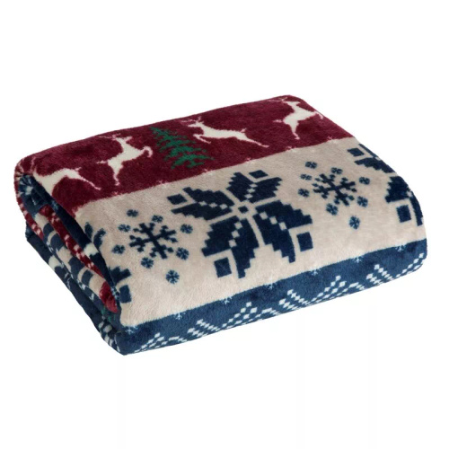 Koc świąteczny Eurofirany granatowy czerwony ze skandynawskim wzorem – miękka narzuta z mikrofibry, 240 g/m²