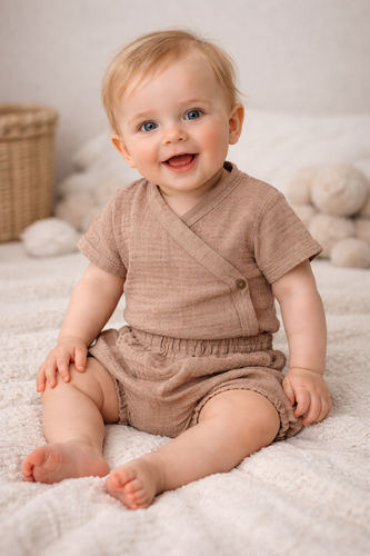 Body muślinowe Just Muslin 03235KL Makoma latte– krótki rękaw, kopertowe, 100% bawełna