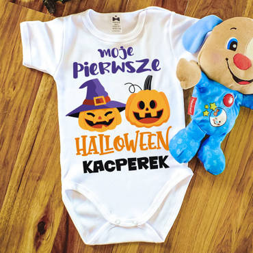 "Moje pierwsze HALLOWEEN z dowolnym imieniem" Body krótki rękaw Moocha biały