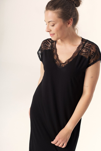 Koszula nocna Petra KB59 Mefemi Nipplex czarna – wiskoza, koronka, krótki rękaw, przed kolano