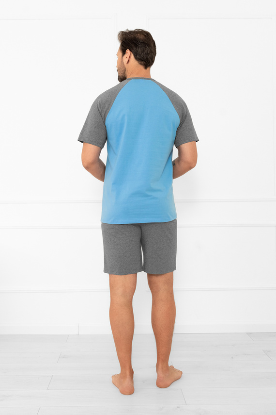 Piżama męska Aleksander Italian Fashion – krótki rękaw i krótkie spodenki, 100% bawełna - niebieski/szary