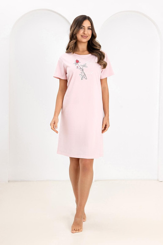 Koszula Nocna Damska Regina 172 różowa– 100% Bawełna, Krótki Rękaw, Półokrągły Dekolt, Nadruk, Długość Przed Kolano