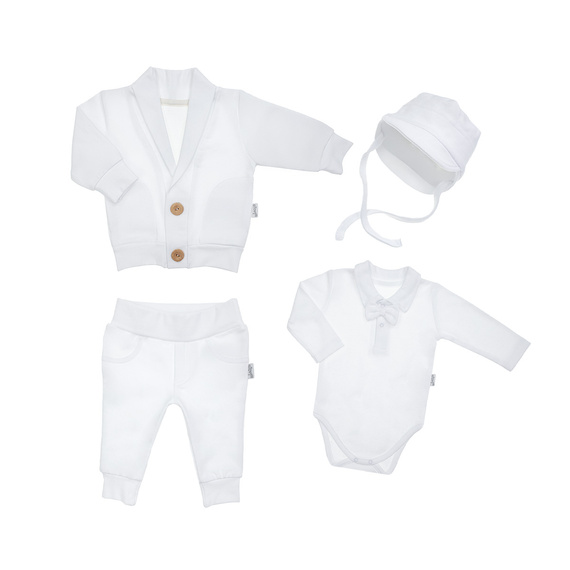 169399 Komplet chrzcielny czapka, bluza, body i spodnie Nicol - biały