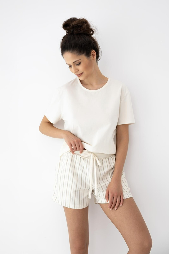 Piżama damska Jemma Sensis ecru/beż, bawełna, krótki rękaw, paski