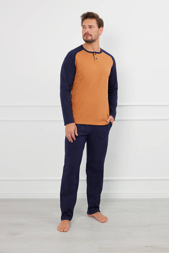 Aleksander Piżama Męska długi rękaw, długie spodnie Italian Fashion - koniak/granat