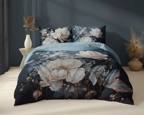 5131 A Pościel bawełniana Holland Detexpol iemna z beżowo-kremowymi piwoniami – 100% bawełna, dwustronna, polska produkcja