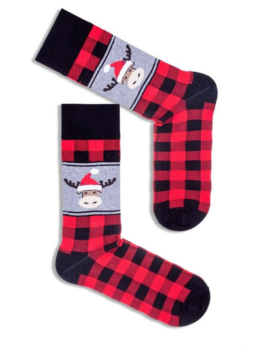 1290-002 Krata i Renifer Świąteczne Skarpety Męskie Milena - czerwony