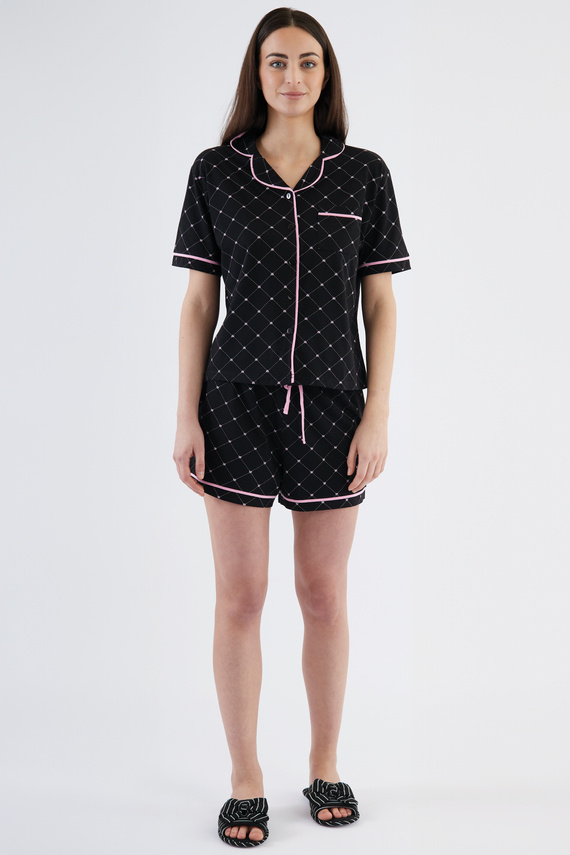 Coraline Piżama damska Sorbetto czarna  – koszulowa góra, krótkie spodenki, 100% bawełna