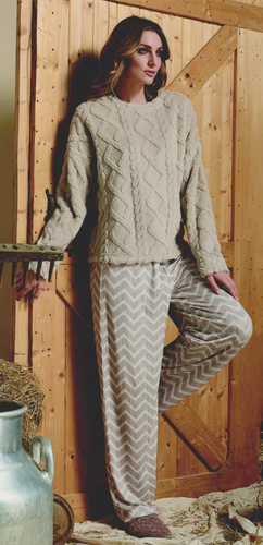 Sofie Piżama damska Sorbetto beżowa – ciepła sherpa, palazzo, elegancka i miękka