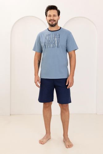 Piżama Męska 500 Regina niebieska– 100% Bawełna, Krótki Rękaw + Spodenki, Lekka i Wygodna na Lato