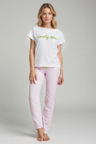 Dana Piżama damska Sorbetto różowa – bawełna 100%, krótki rękaw, spodnie w kratkę, komplet