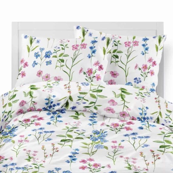 5634 A Pościel flanelowa Pastel Flowers Detexpol biała w polne kwiaty niebiesko-różowe– ciepła, miękka i elegancka
