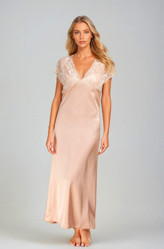 Mactan halka satynowa Kalimo – długa koszulka nocna z koronką, nude