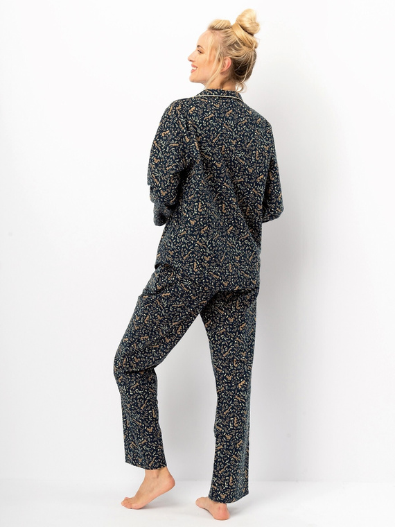 Piżama damska Key LNS 706  granatowy– bawełna flanelowa, długi rękaw, guziki