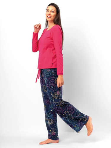 Piżama damska Key LNS 750 malinowa – bawełna, długi rękaw, wygodna