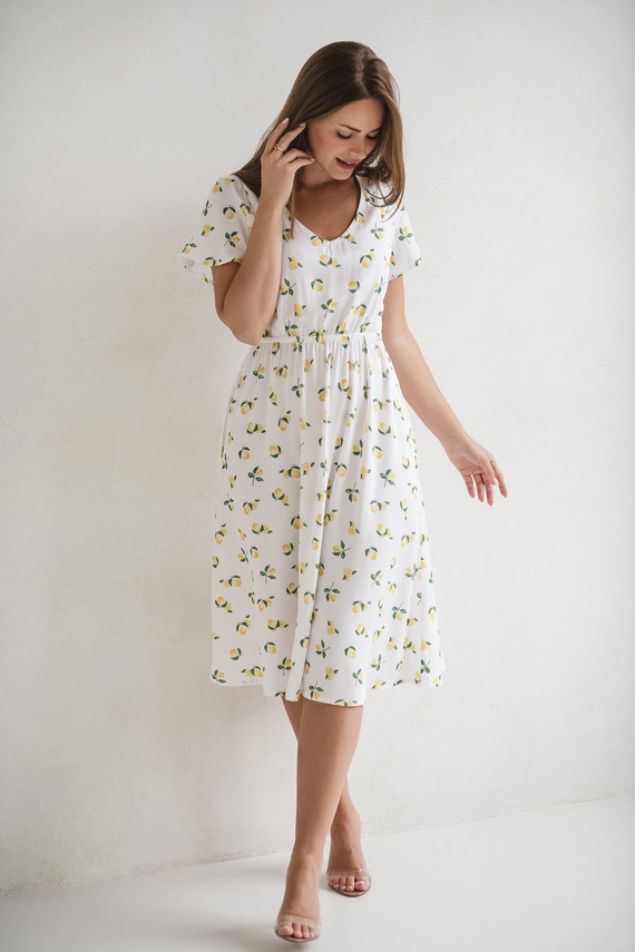 Lovely Dress Midi Sukienka ciążowa i do karmienia – biała w cytryny, krótki rękaw Milk&Love 