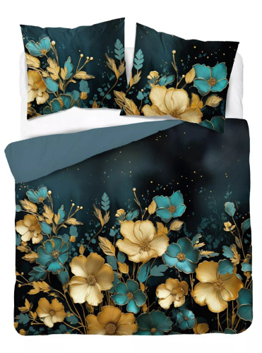 5118 A Pościel bawełniana Holland Detexpol ciemna w kwiaty złoto-turkusowe– 100% bawełna, dwustronna, polska produkcja