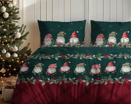 5618 A Magia Świąt Pościel flanelowa świąteczna Detexpol w skrzaty na bordowo-zielonym tle– bawełna 100%, 160 g/m², zamek, OEKO-TEX®