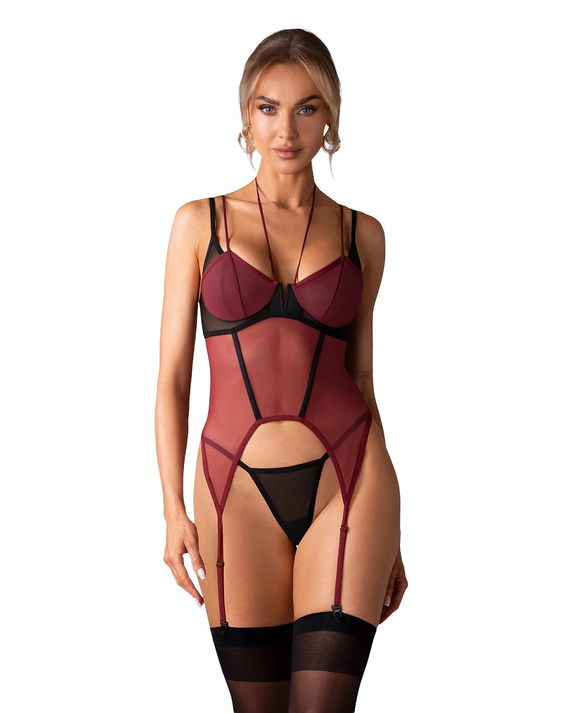 Gorset Obsessive Parisel Corset Bordowy z Fiszbinami + Stringi 